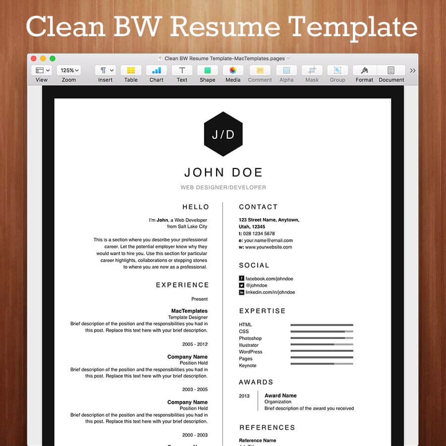 Clean Black and White Resume Template for Pages