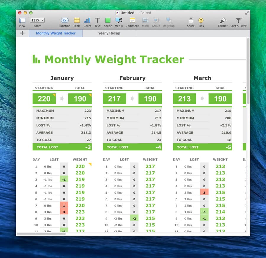 Monthly Weight Tracker Template for Numbers