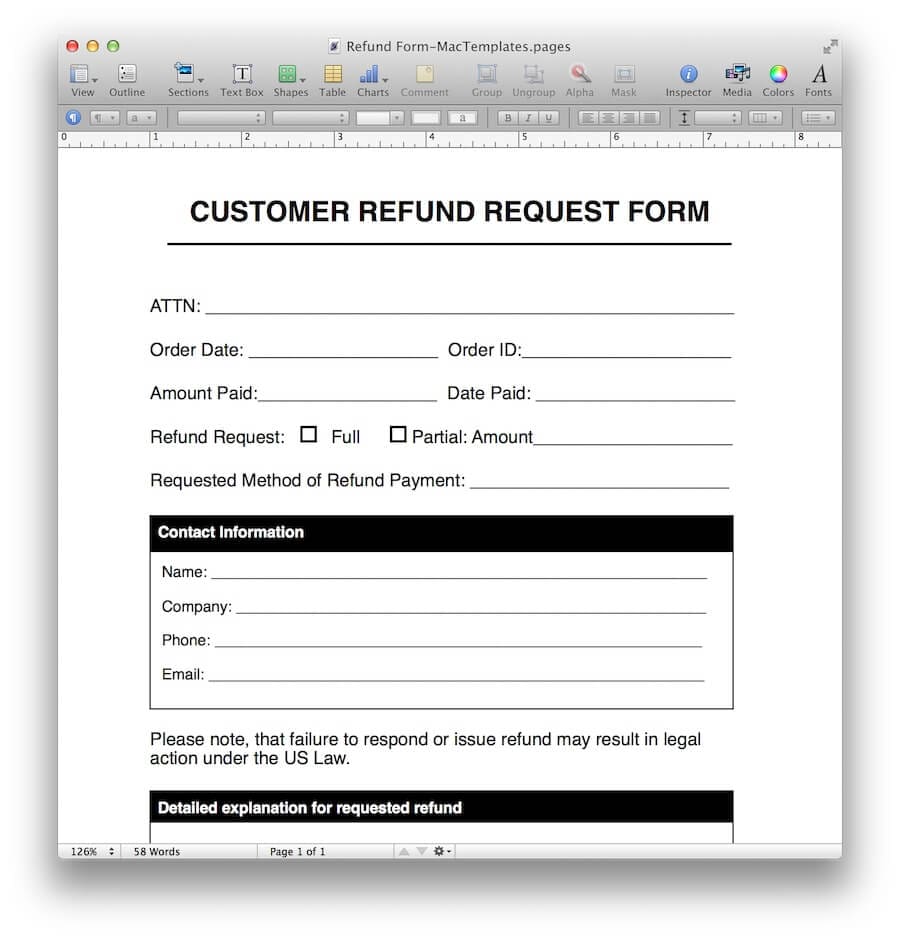 Refund Request Form Template for Pages/PDF
